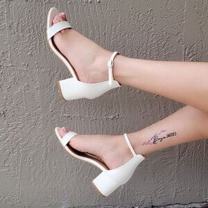 White Patent Open Toe Sandals Low Chunky Heel Adjustable Buckle Ankle Strap